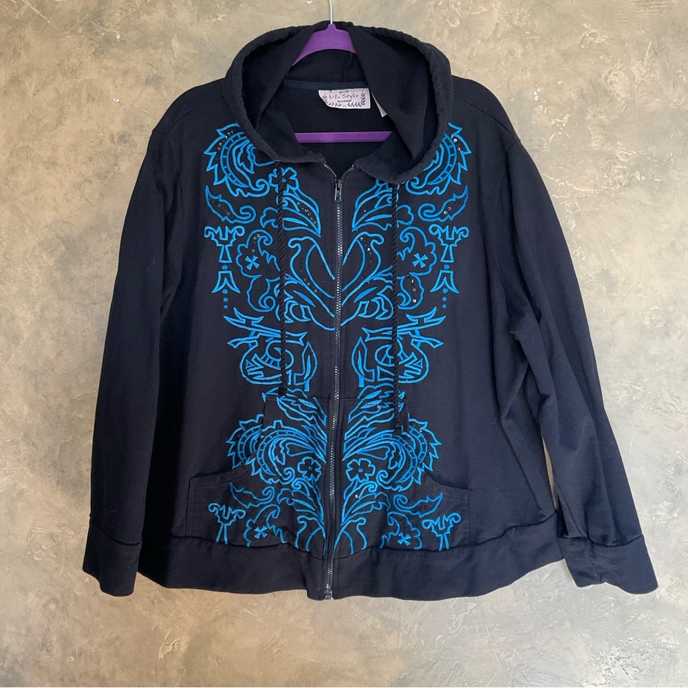 Vintage 90s Embroidered Full Zip Hoodie Black Cotton Terry Boho Maximalist 2X